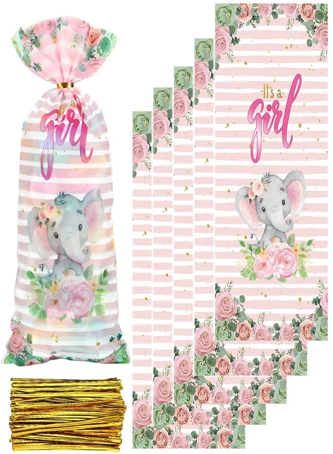 Yinder 100 Pack Pink Elephant Baby Shower Cellophane Treat Bags Cute Pink Elephant Candy Goodie Bags Baby Shower Favor Supplies with 150 Pieces Gold Twist Ties for Gender Reveal Birthday Party Supplies - Image 1